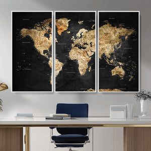 World Map Canvas Wall Art with Famous Landmarks – Framed