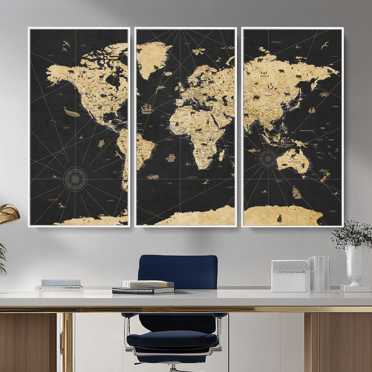 Vintage Blue and Brown World Map Canvas Wall Art – Framed