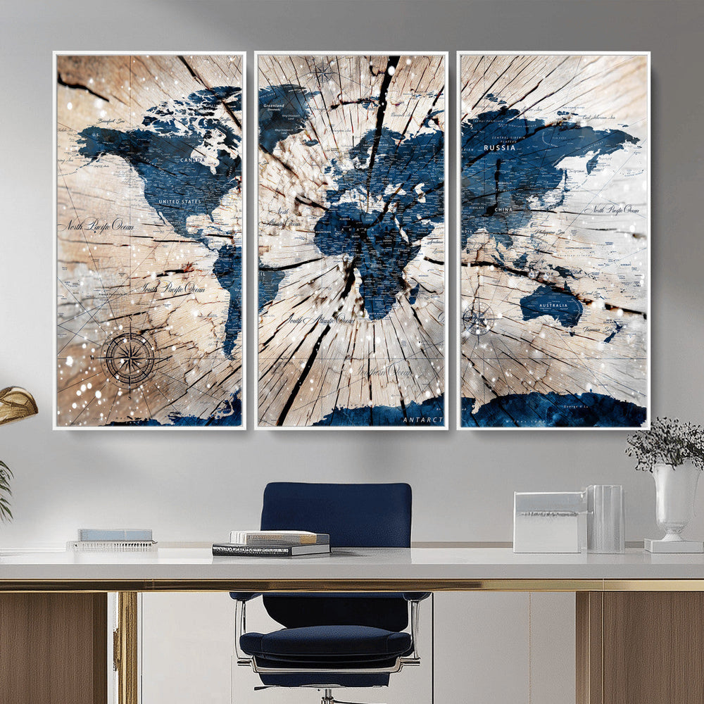 Rustic World Map Canvas Print – Framed Wall Art for Couples,