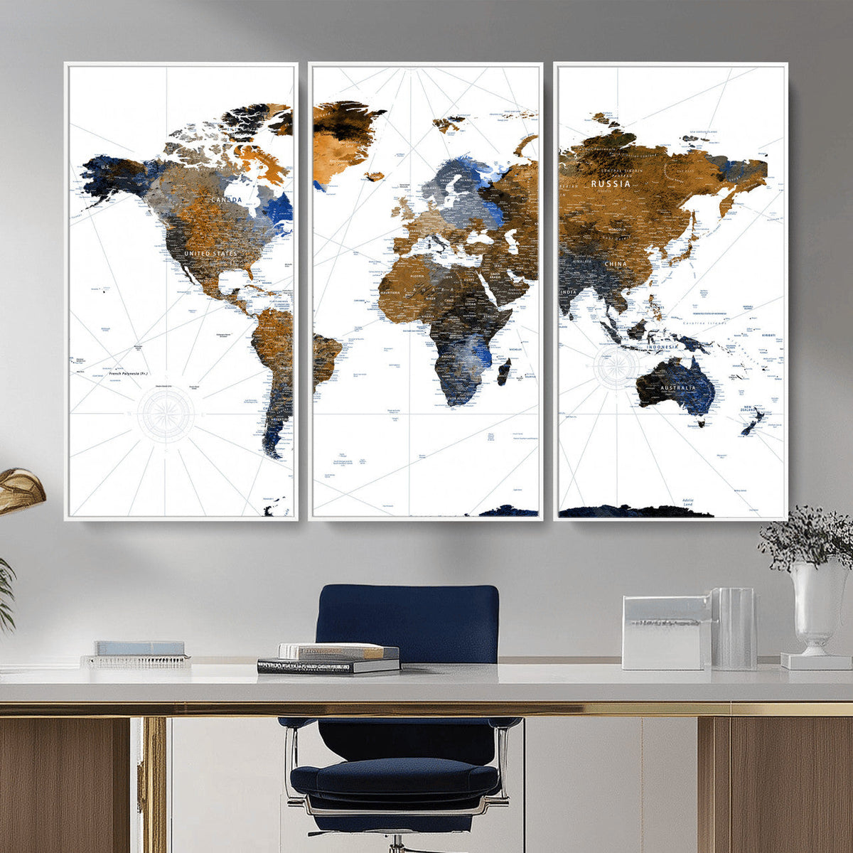 World Map Wall Art Canvas Print, Modern Decorative Framed