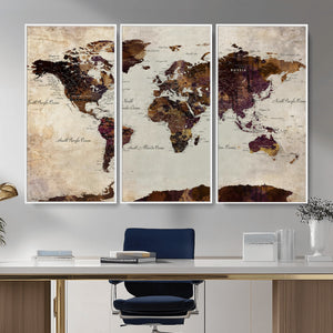 World Map Canvas Triptych – Colorful Global Wall Art for