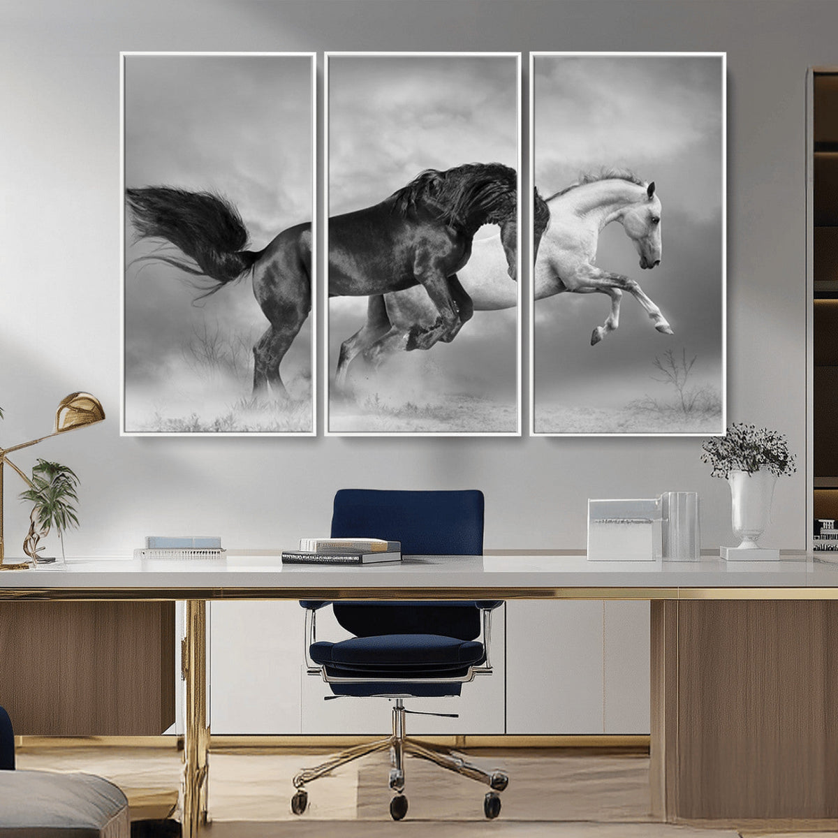 Wild Horses Wall Art Canvas Print – Framed Black and White