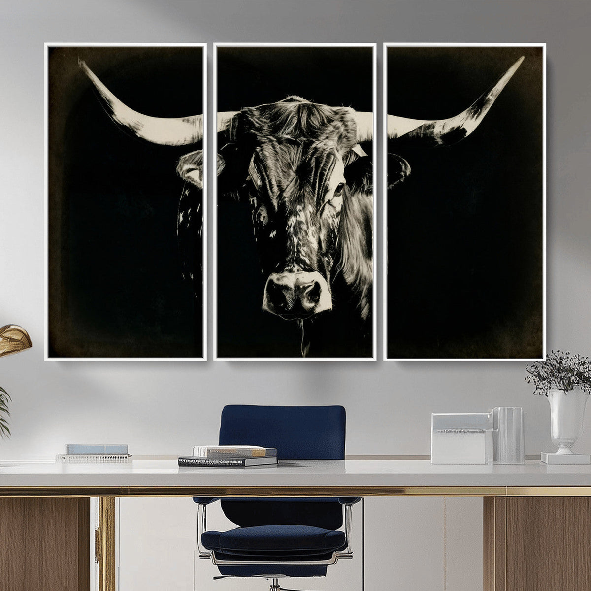Black Bull Wall Art Canvas Print, Texas Longhorn Portrait