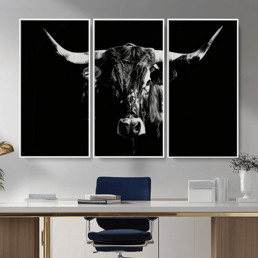 Black Bull Wall Art Canvas Print, Dark Longhorn Portrait