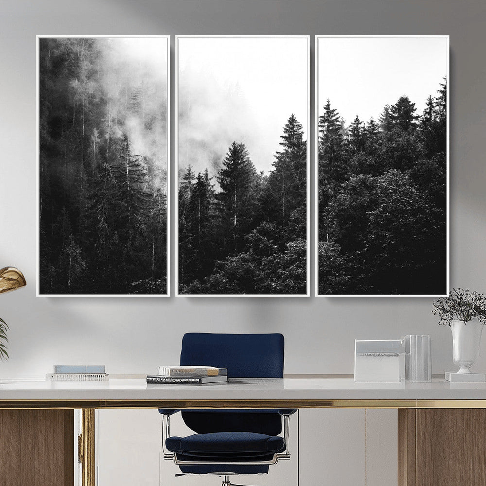 Black White Forest Wall Art Canvas Print, Misty Pine Tree