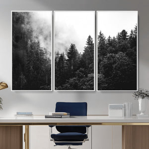 Black White Forest Wall Art Canvas Print, Misty Pine Tree
