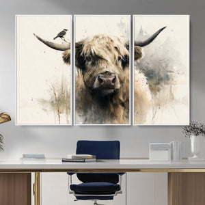 Abstract Highland Cow Wall Art Canvas Print, Rustic Farm