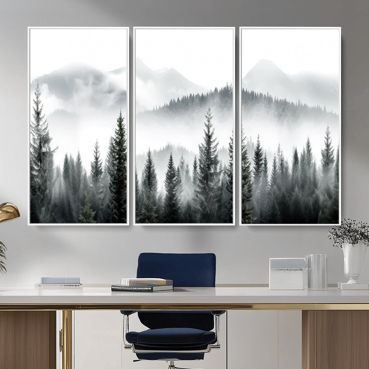 Misty Pine Forest Mountain Landscape Wall Art Canvas Print