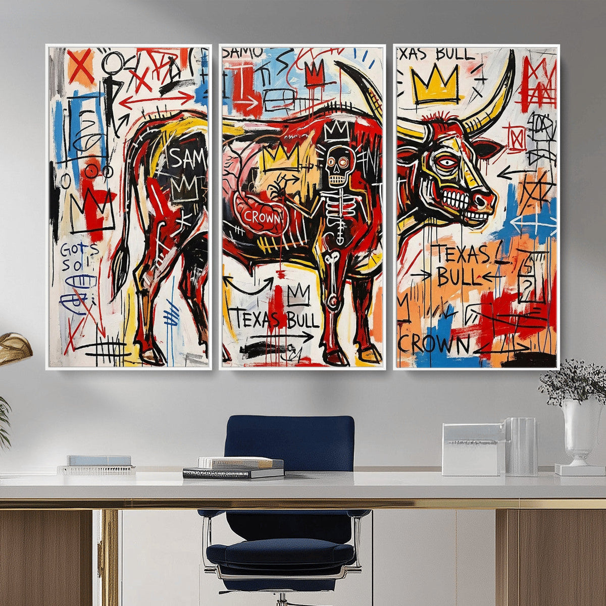Texas Bull Wall Art Canvas Print, Abstract Graffiti Bull