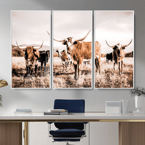 Texas Longhorn Cattle Wall Art Canvas Print, Sepia Western