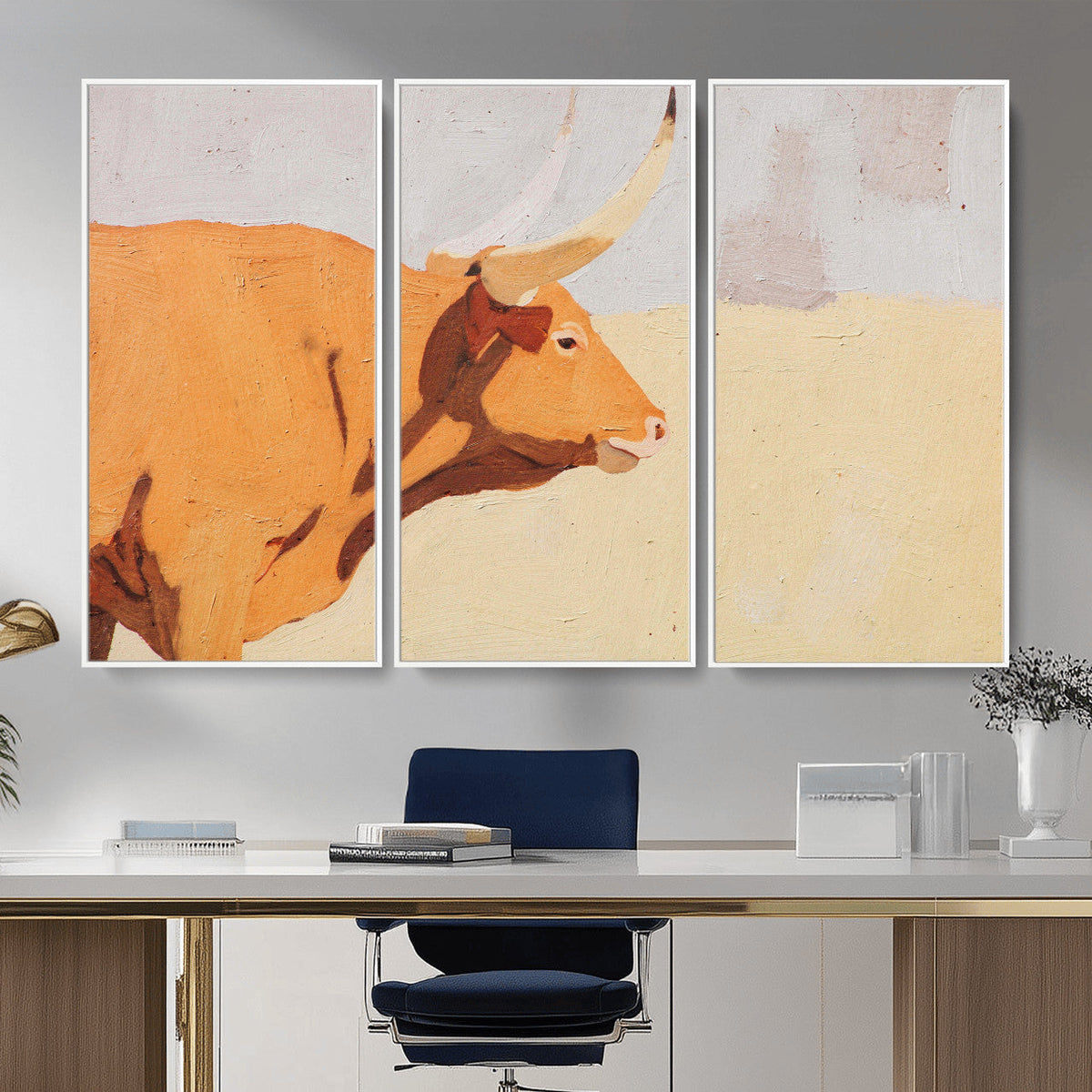 Minimal Longhorn Bull Wall Art Canvas Print, Neutral Western