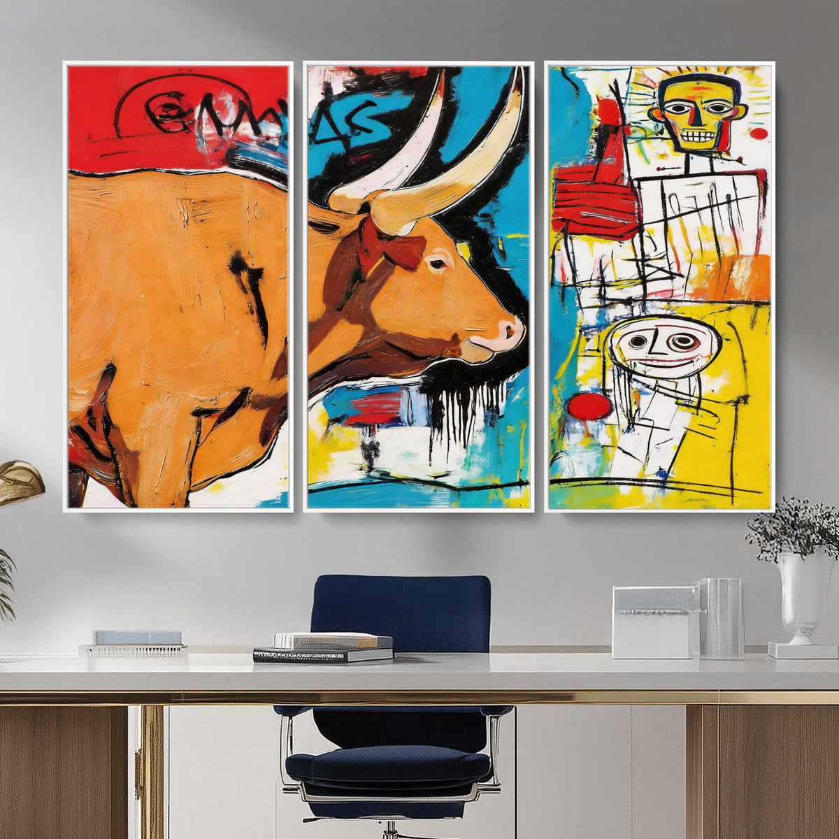 Basquiat Style Bull Graffiti Wall Art Canvas Print, Street