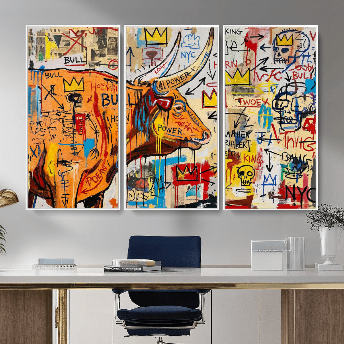 Basquiat Style Bull Graffiti Wall Art Canvas Print, Street