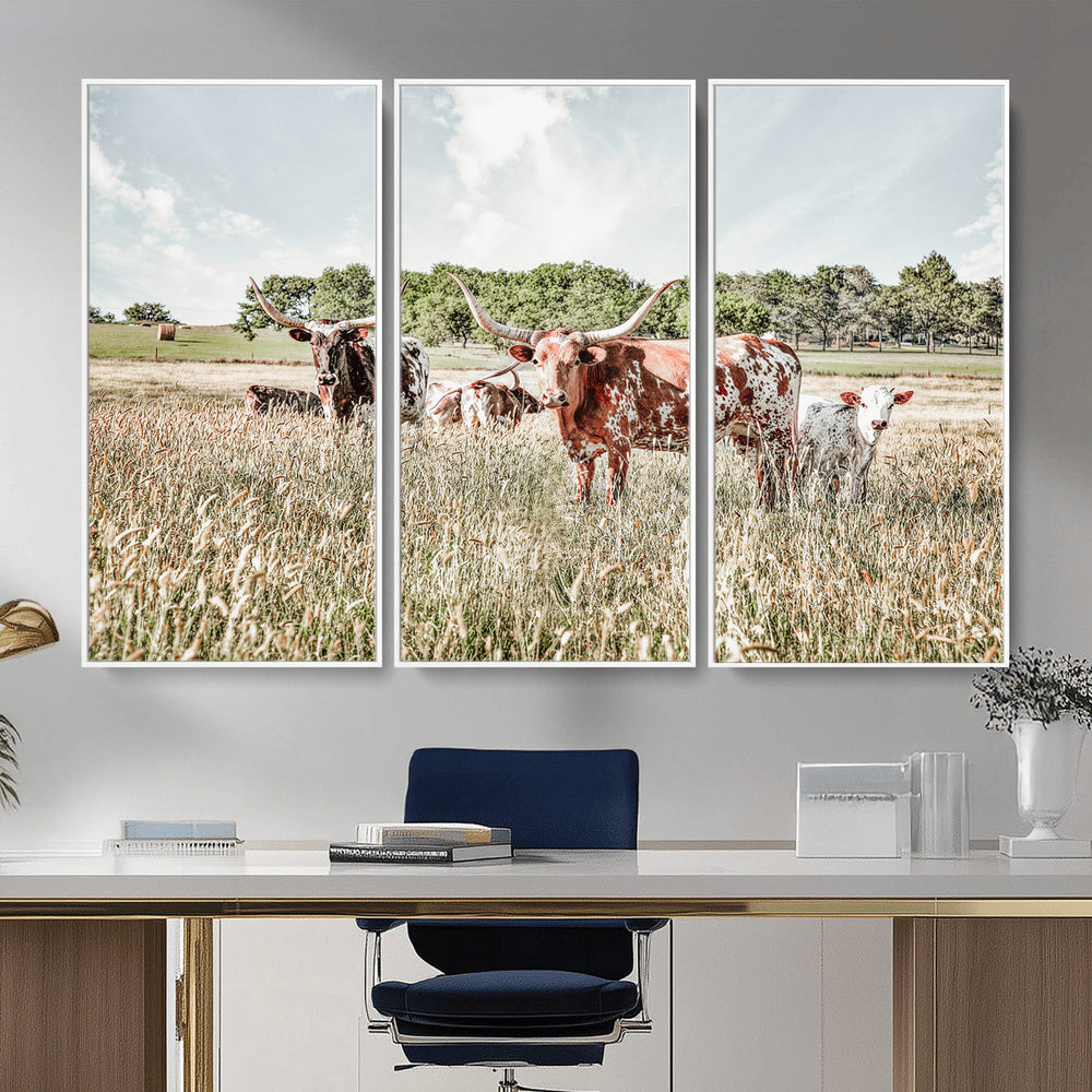 Texas Longhorn Cattle Wall Art Canvas Print, Rustic Ranch