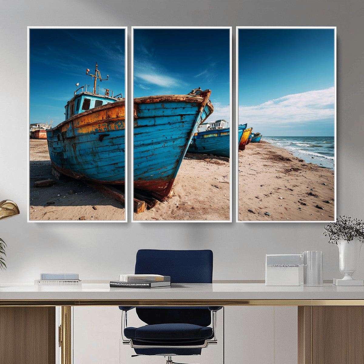 Coastal Fishing Boats Wall Art Canvas Print, Sunset Beach
