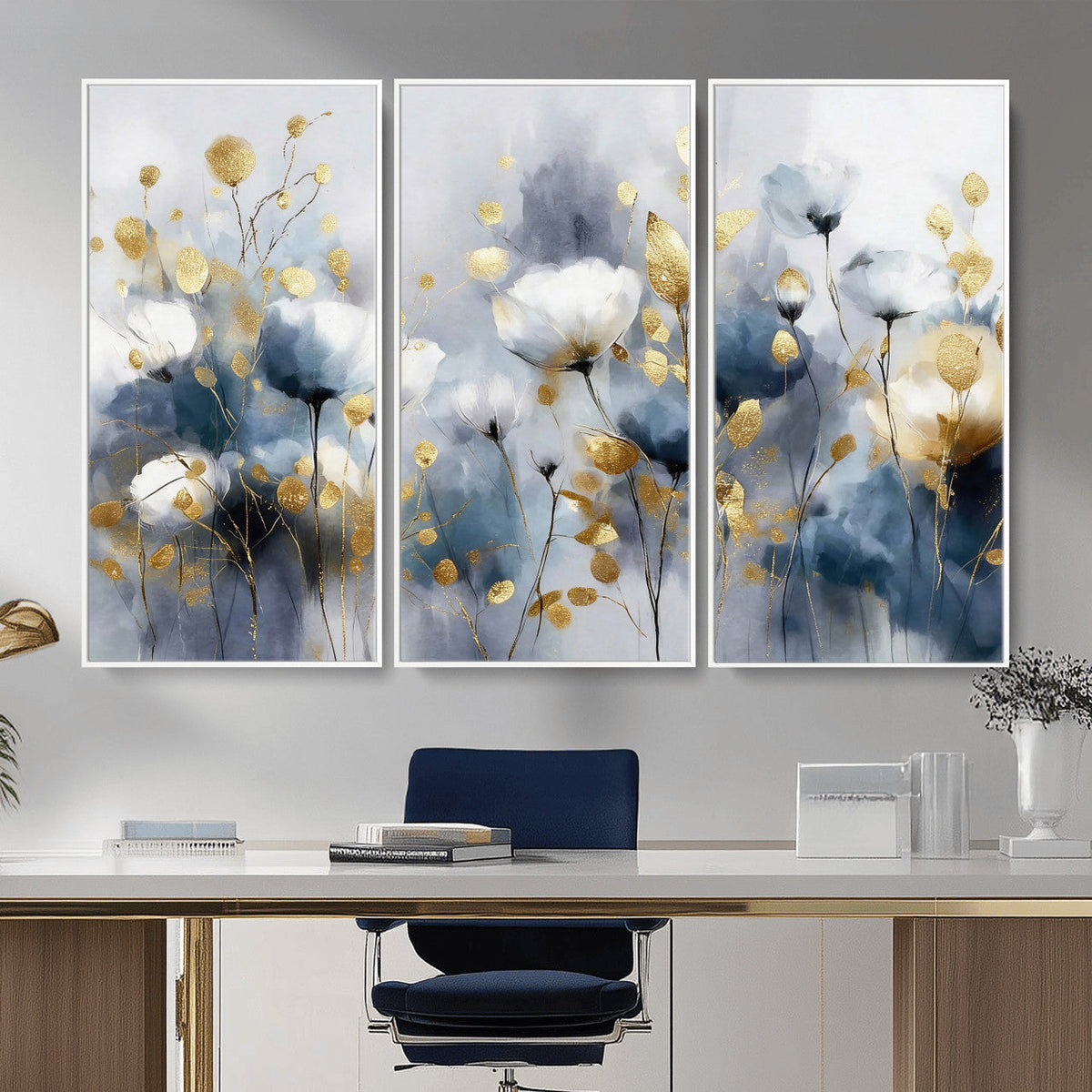 Large Abstract Flowers Wall Art Canvas Print – Gold and Blue