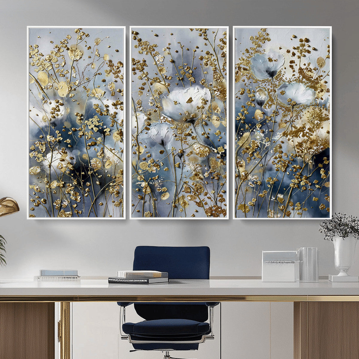 Abstract Floral Wall Art Canvas Print – Gold and Blue