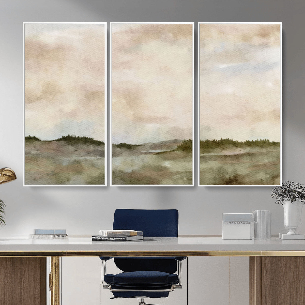 Muted Watercolor Hill Landscape Print — Beige Taupe Cloudy