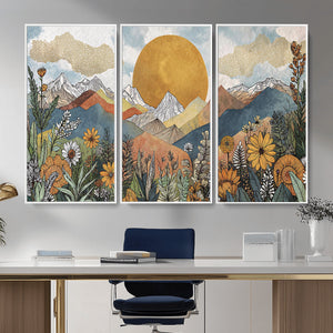 Boho Mountain Landscape Large Wall Art, Horizontal Gold