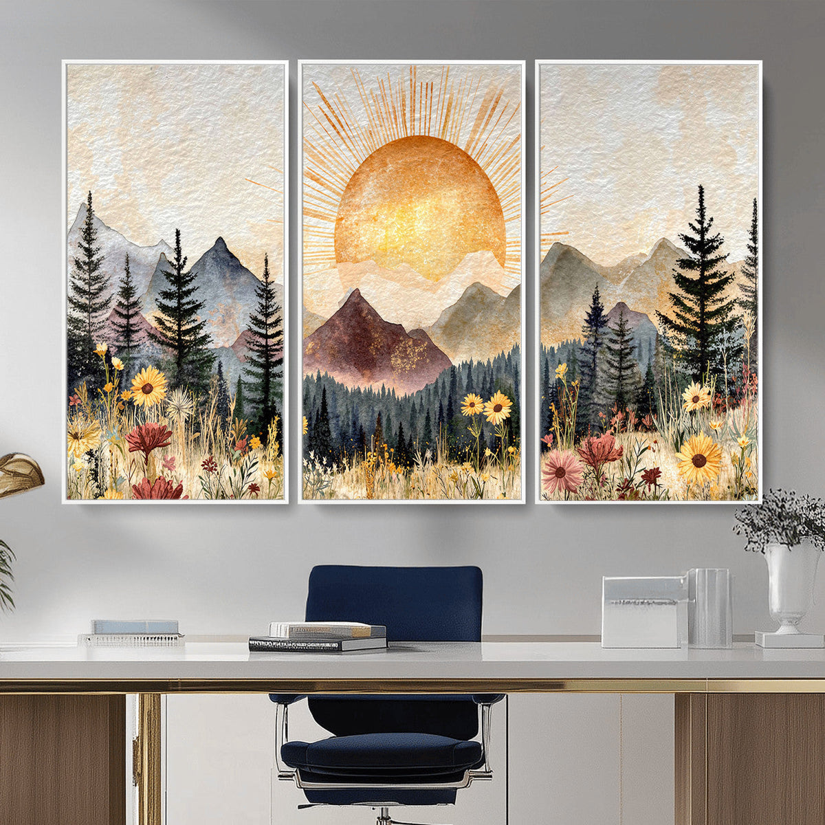 Boho Mountain Landscape Large Wall Art, Horizontal Gold