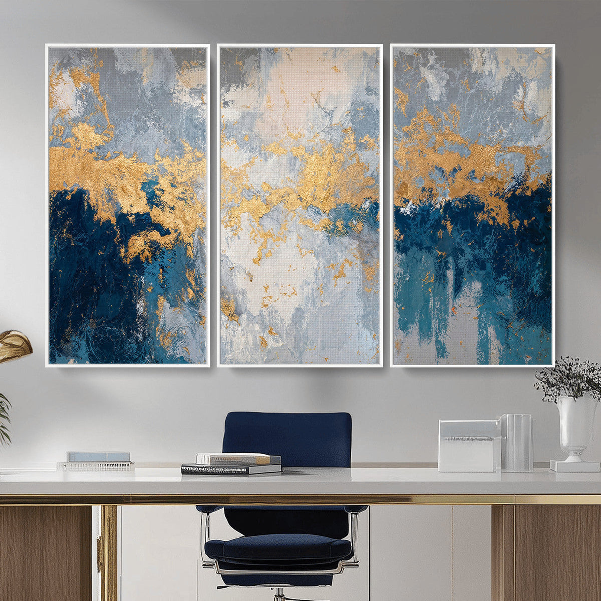 Blue Gold Abstract Large Framed Canvas Wall Art, Modern
