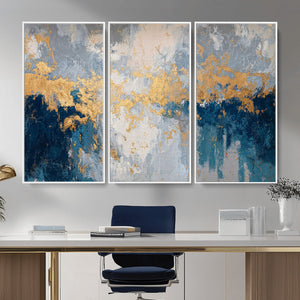 Blue Gold Abstract Large Framed Canvas Wall Art, Modern