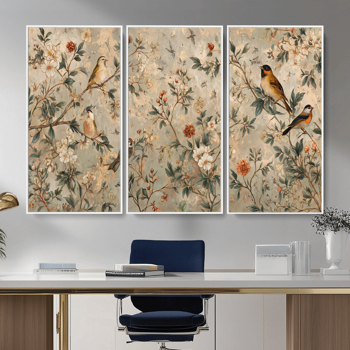 Vintage Birds and Flowers Wall Art Canvas Print, Botanical