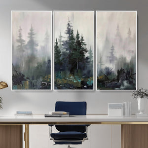 Misty Pine Forest Oil Painting Canvas — Dark Moody Teal Grey