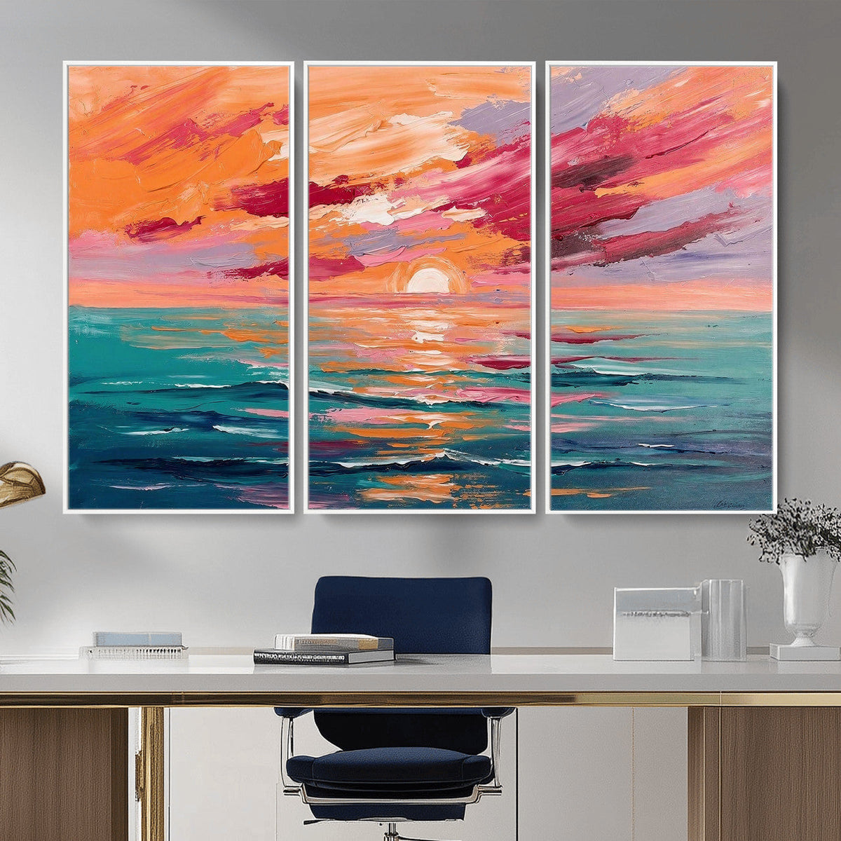 Bold Palette Knife Ocean Sunset Canvas — Orange Pink Teal