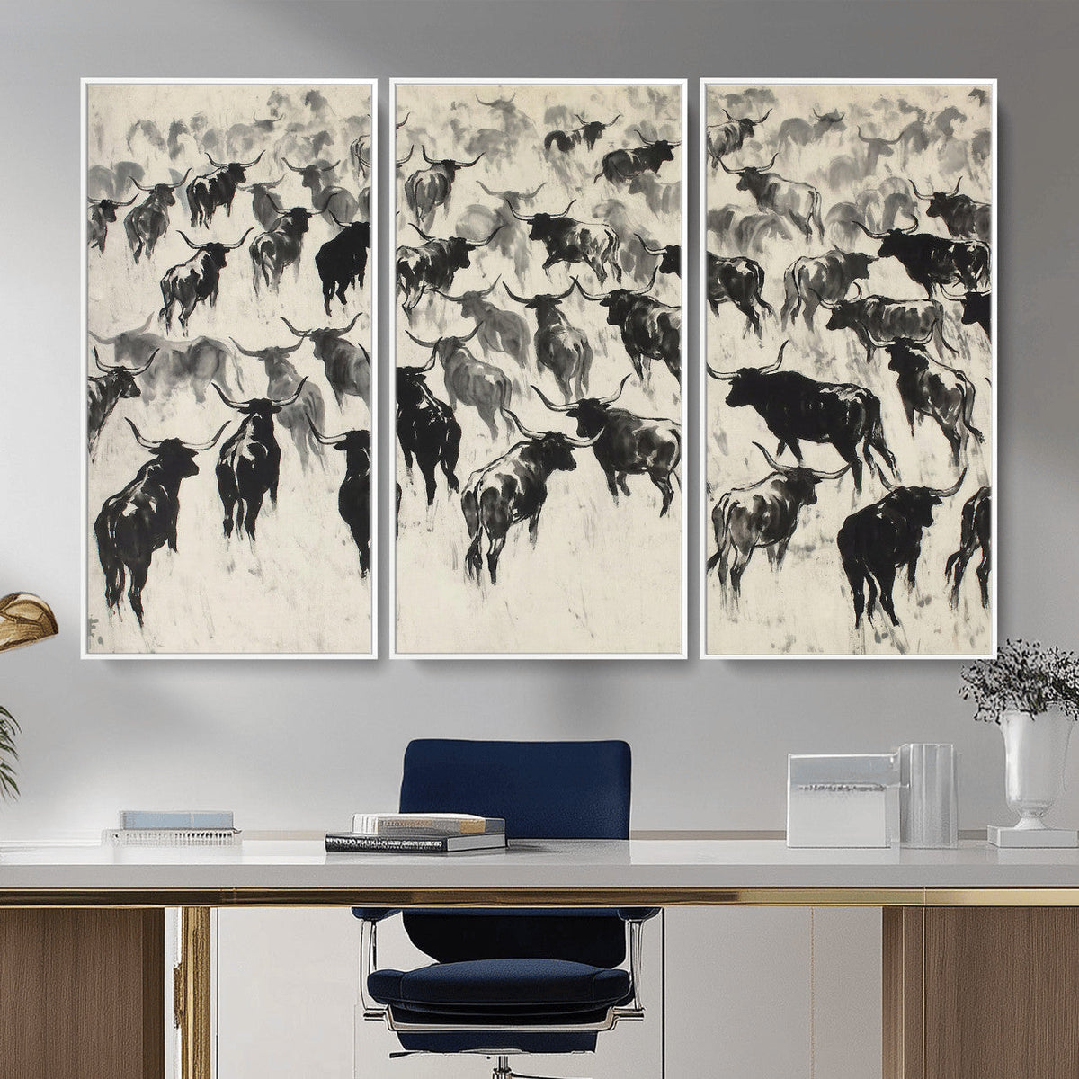 Longhorn Cattle Canvas Wall Art, Black White Stampede Ink