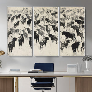 Longhorn Cattle Canvas Wall Art, Black White Stampede Ink