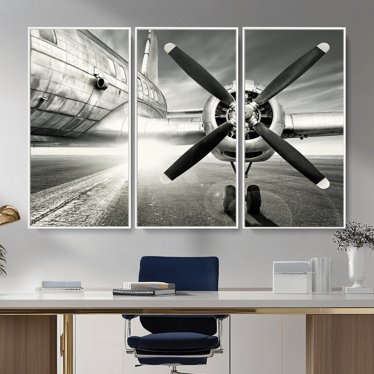 Vintage Airplane Wall Art Canvas Print, Black and White