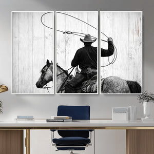 Cowboy Lasso Canvas Wall Art, Black White Western Horse