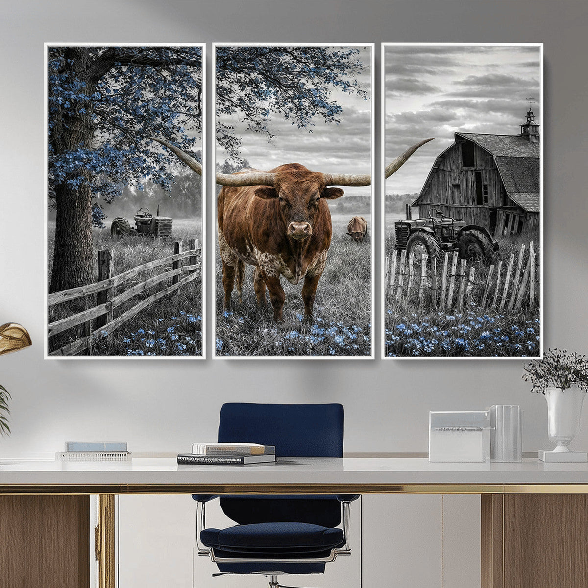 Texas Longhorn Canvas Wall Art, Rustic Farm Barn Bluebonnet