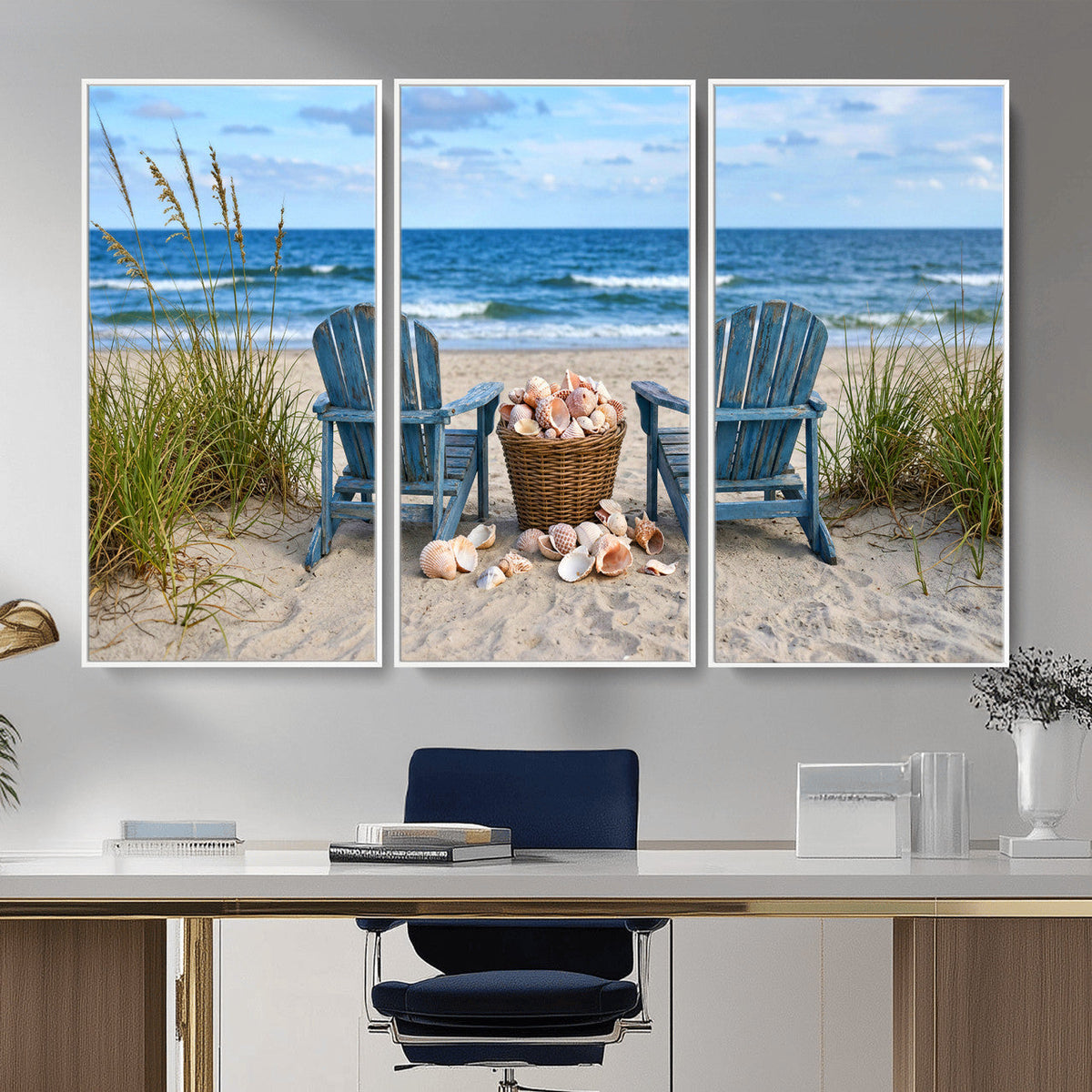 Large Beach Canvas Wall Art Coastal Adirondack Chairs Ocean