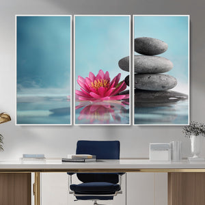 Zen Canvas Wall Art Lotus Flower Stacked Stones Teal Spa