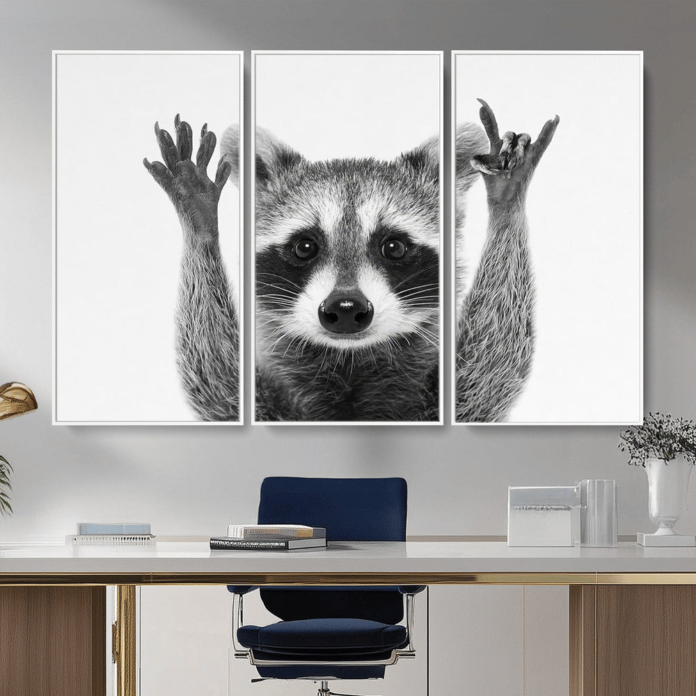 Funny Raccoon Canvas Wall Art, Black White Hands Up Animal Photo Print, Humorous Wildlife Decor, Kids Room Nursery Art, Quirky Animal Gift