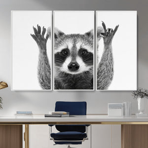 Funny Raccoon Canvas Wall Art, Black White Hands Up Animal Photo Print, Humorous Wildlife Decor, Kids Room Nursery Art, Quirky Animal Gift