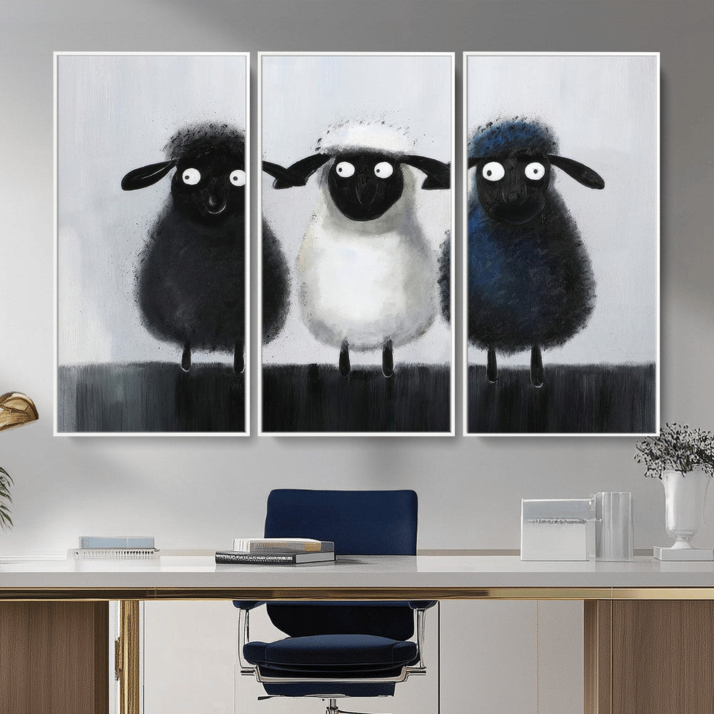 Funny Sheep Canvas Wall Art, Three Quirky Sheep Painting Print, Cute Animal Nursery Decor, Black White Navy Farmhouse Art, Kids Room Gift