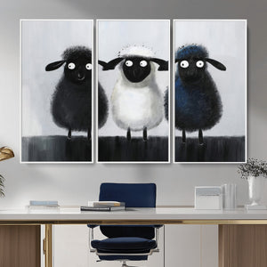 Funny Sheep Canvas Wall Art, Three Quirky Sheep Painting Print, Cute Animal Nursery Decor, Black White Navy Farmhouse Art, Kids Room Gift