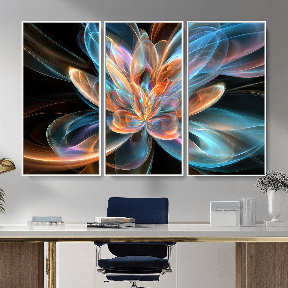 Fractal Lotus Canvas Wall Art, Blue Orange Glowing Flower Abstract Print, Modern Zen Meditation Room Decor, Ethereal Digital Art, Living Room