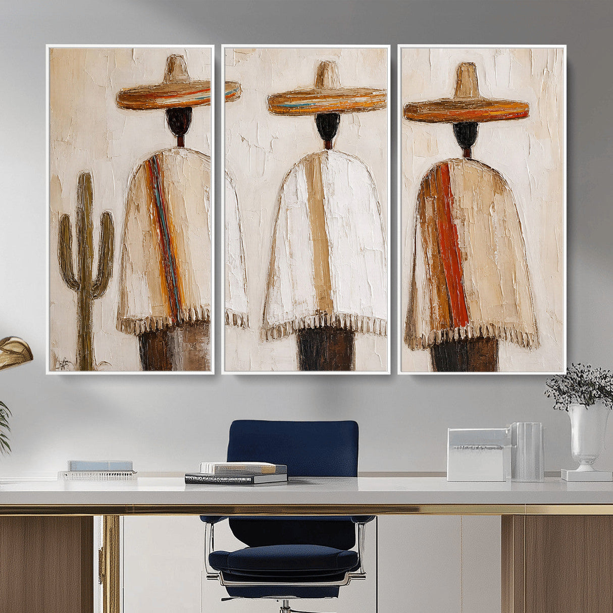 Mexican Wall Art Canvas Print, Southwestern Sombrero Poncho Painting, Neutral Earthy Boho Decor, Fiesta Living Room Art, Impasto Style Print