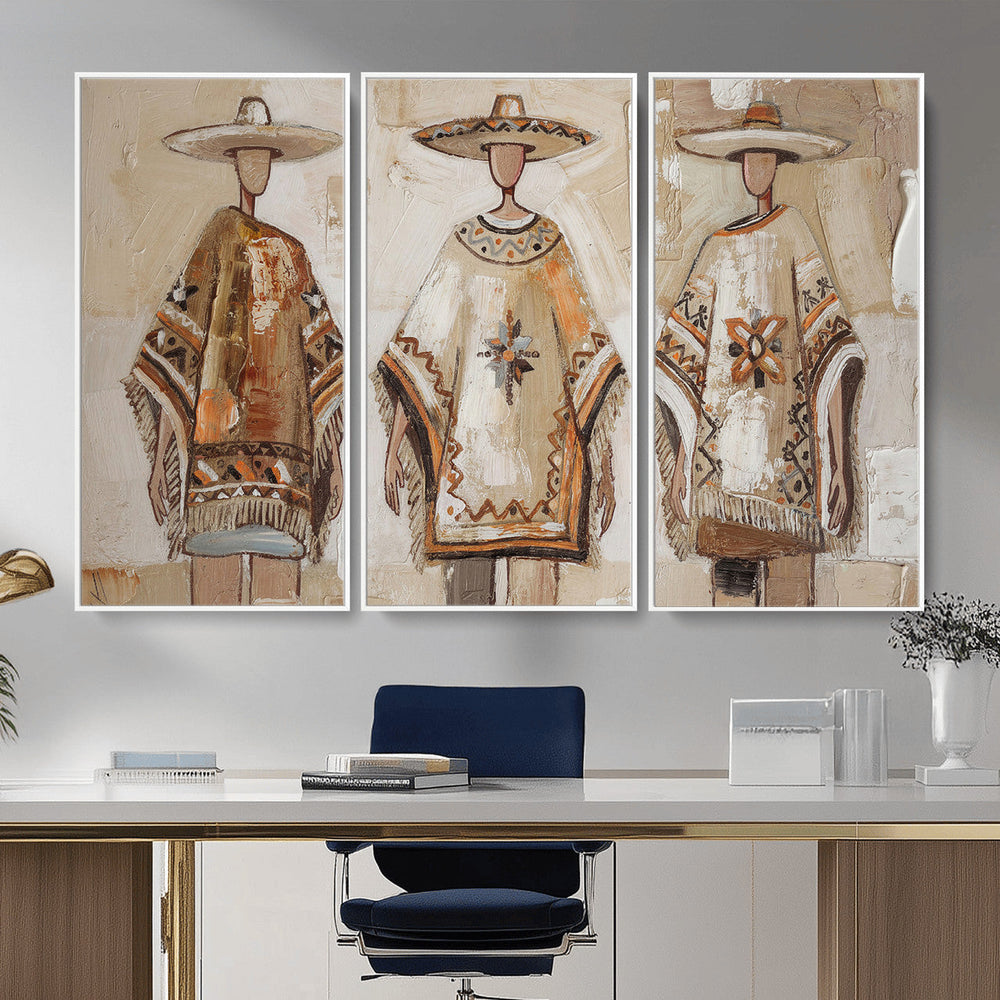 Mexican Folk Art Canvas Wall Art, Charro Poncho Sombrero Painting Print, Neutral Beige Boho Decor, Southwestern Impasto Style, Living Room Art