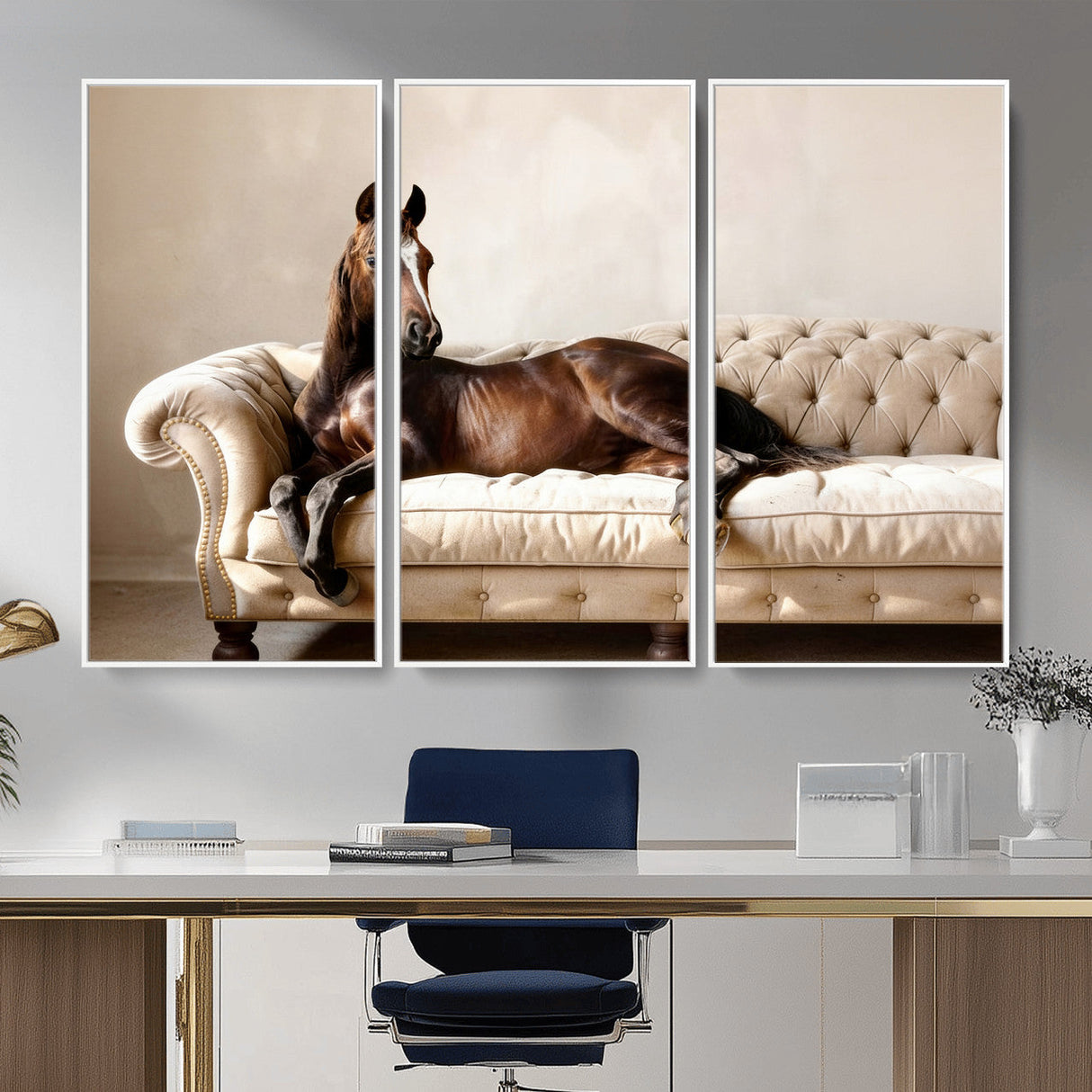 Funny Horse on Sofa Canvas Wall Art, Quirky Horse Lounging Photo Print, Whimsical Animal Decor, Living Room Conversation Art, Horse Lover Gift