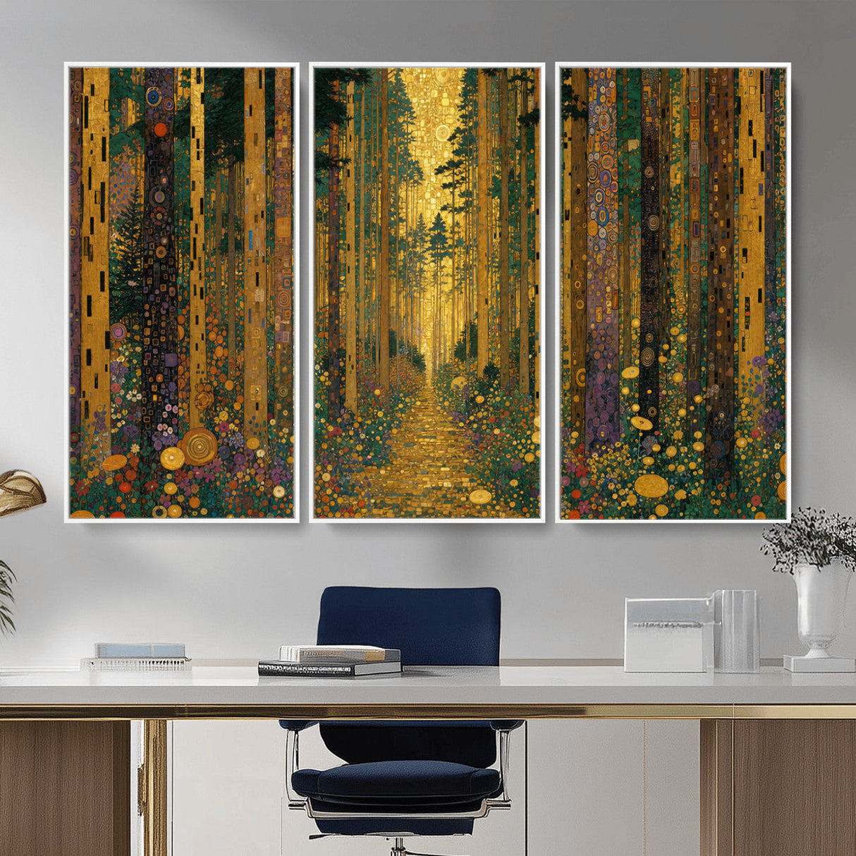 Gustav Klimt Style Forest Canvas Wall Art, Golden Forest Path Floral Art Nouveau Print, Enchanted Woodland Decor