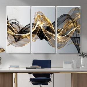 Black and Gold Abstract Wall Art, Modern Wave Canvas Print, Elegant Flowing Smoke Art, Luxury Living Room Decor