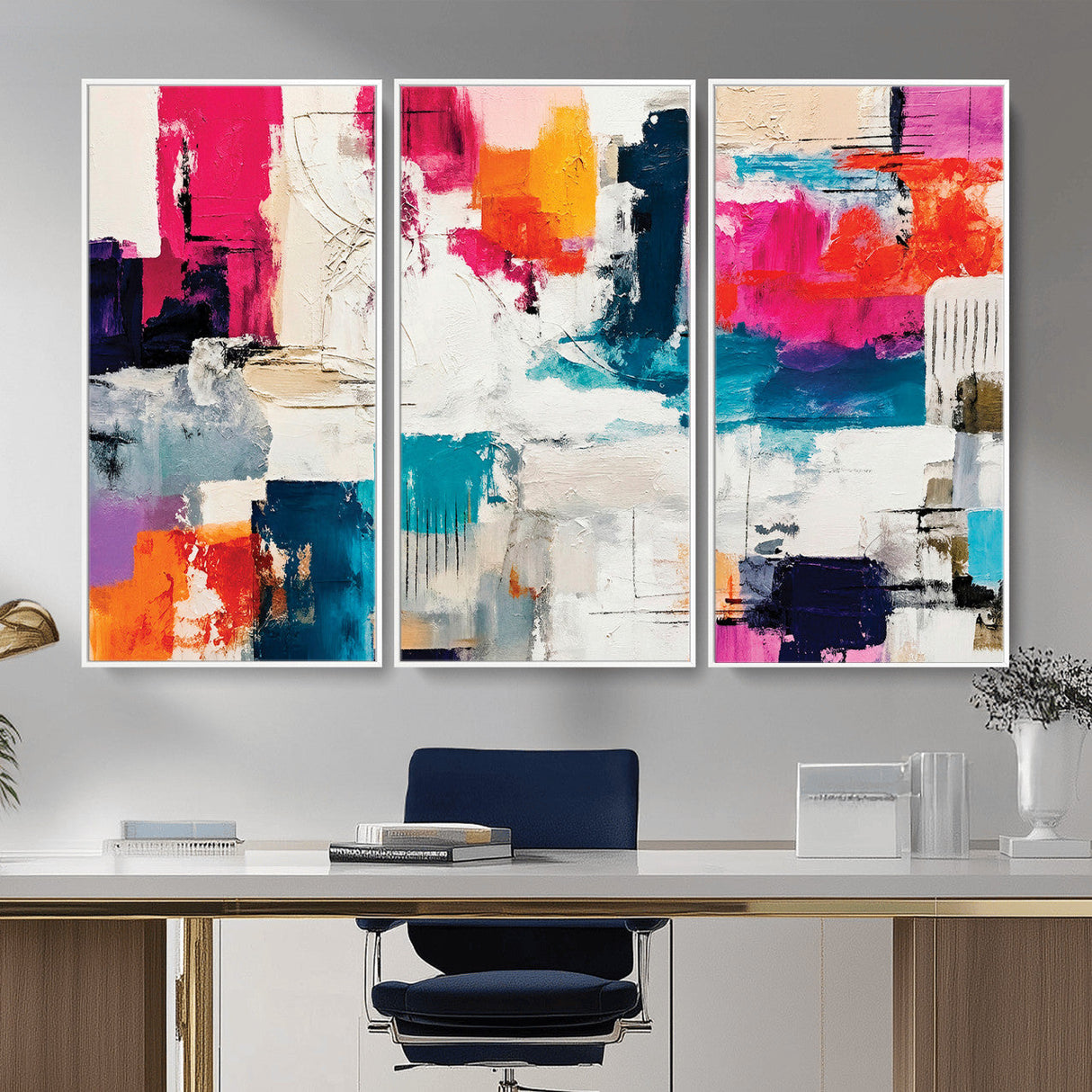 Blue Teal Abstract Canvas Wall Art, Modern Textured Painting Print, Navy Orange White Contemporary Art, Neutral Living Room Decor, Office Art
