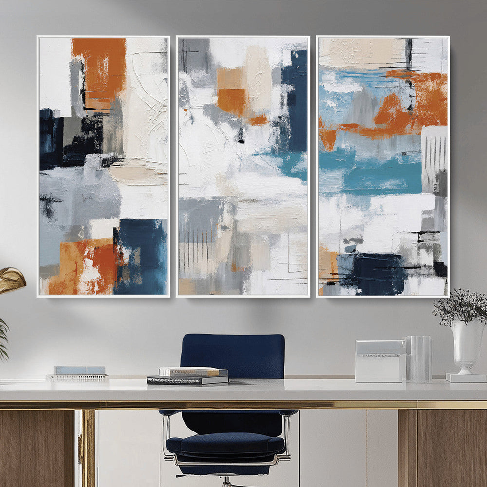 Blue Teal Abstract Canvas Wall Art, Modern Textured Painting Print, Navy Orange White Contemporary Art, Neutral Living Room Decor, Office Art
