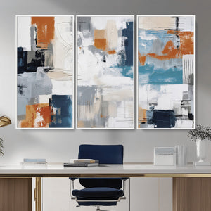 Blue Teal Abstract Canvas Wall Art, Modern Textured Painting Print, Navy Orange White Contemporary Art, Neutral Living Room Decor, Office Art
