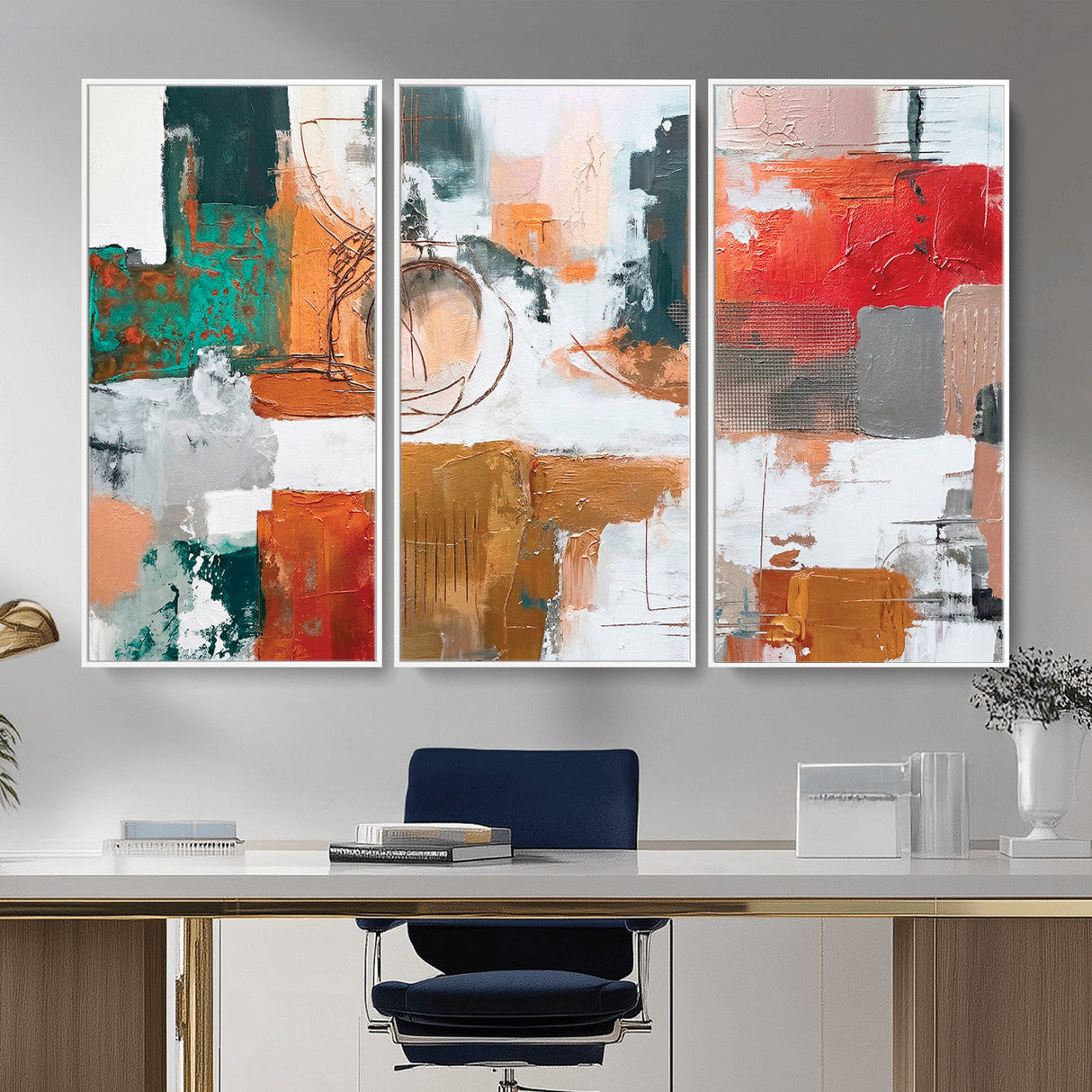 Blue Teal Abstract Canvas Wall Art, Modern Textured Painting Print, Navy Orange White Contemporary Art, Neutral Living Room Decor, Office Art